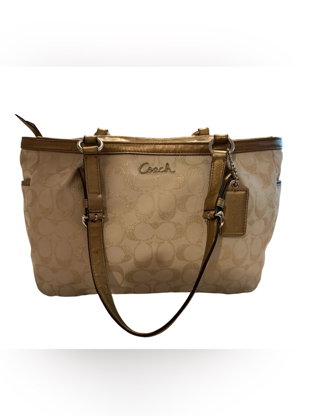 Coach F17724 Gallery Lurex Metallic Gold Khaki Tote Shoulder Bag - Picture 2 of 15